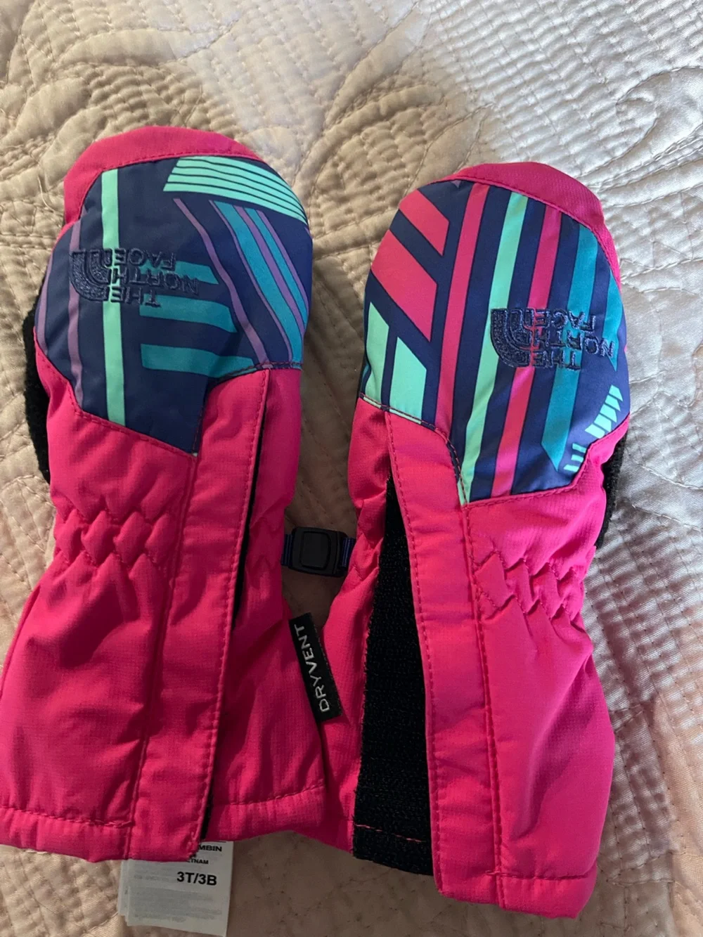 The North Face Kids Pink Mittens with Multi-Color Stripe Accents